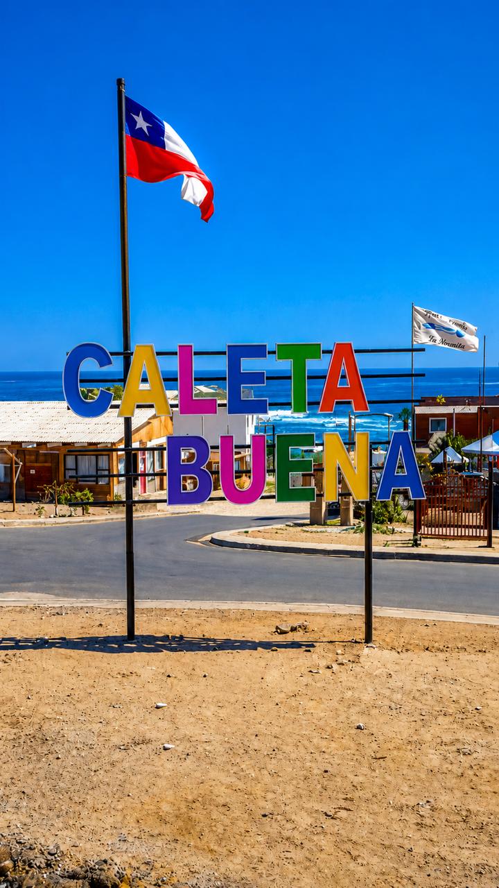 Letrero de Caleta Buena y bandera chilena